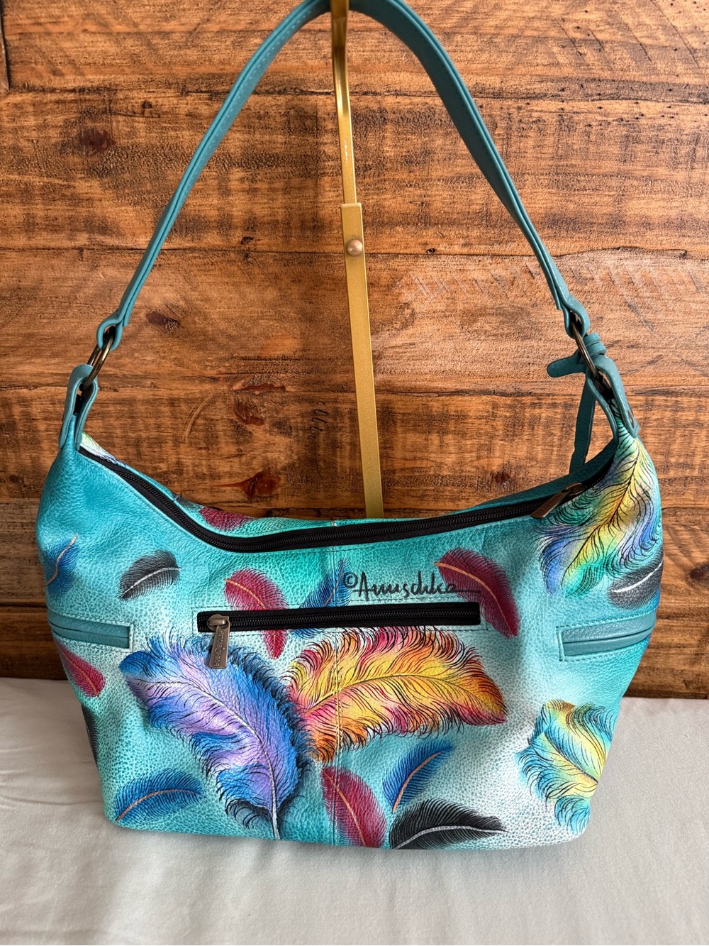 Anuschka Turquoise Multicolor Feather Shoulder Bag